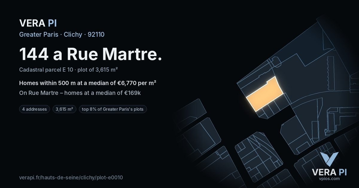 144 a Rue Martre, Clichy at night – the plot lit, the parcels around coloured by the prices near them