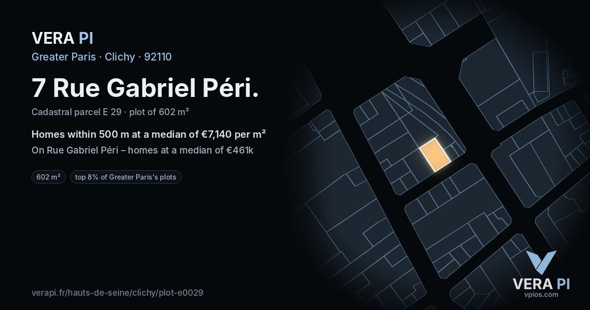 7 Rue Gabriel Péri, Clichy at night – the plot lit, the parcels around coloured by the prices near them
