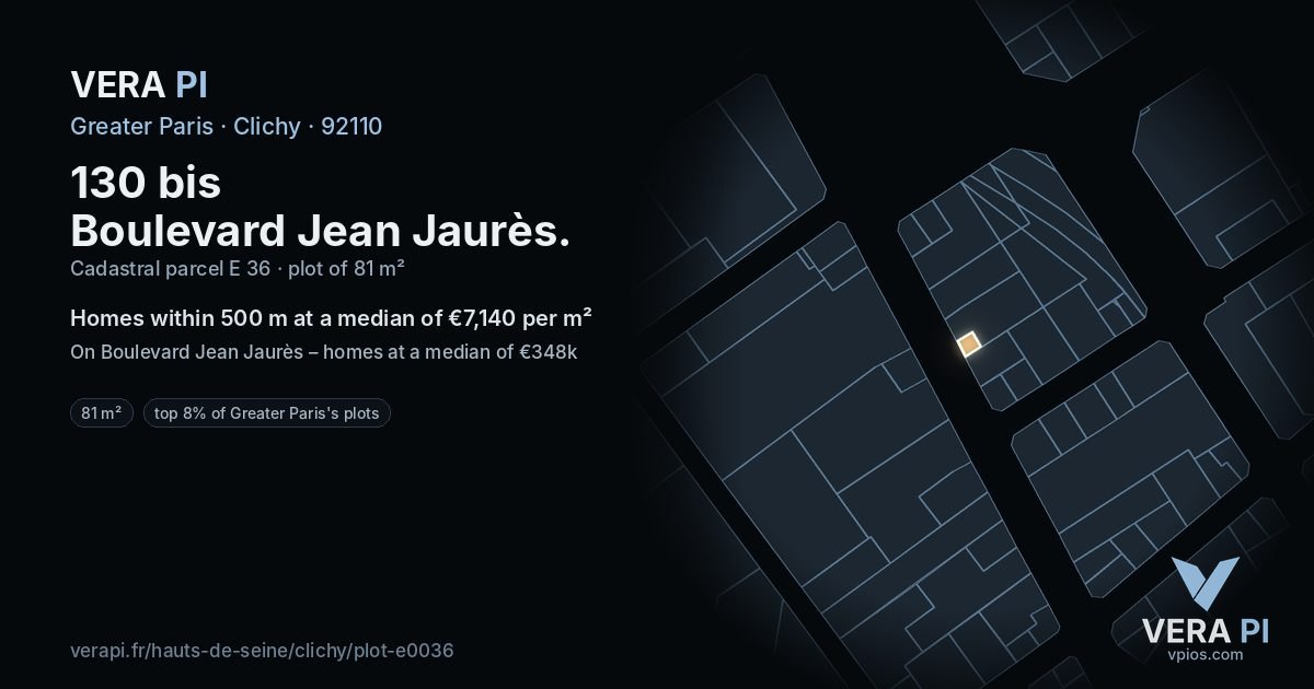 130 bis Boulevard Jean Jaurès, Clichy at night – the plot lit, the parcels around coloured by the prices near them