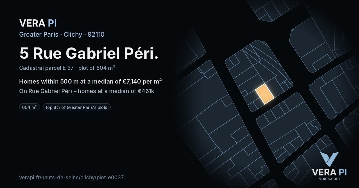 5 Rue Gabriel Péri, Clichy at night – the plot lit, the parcels around coloured by the prices near them