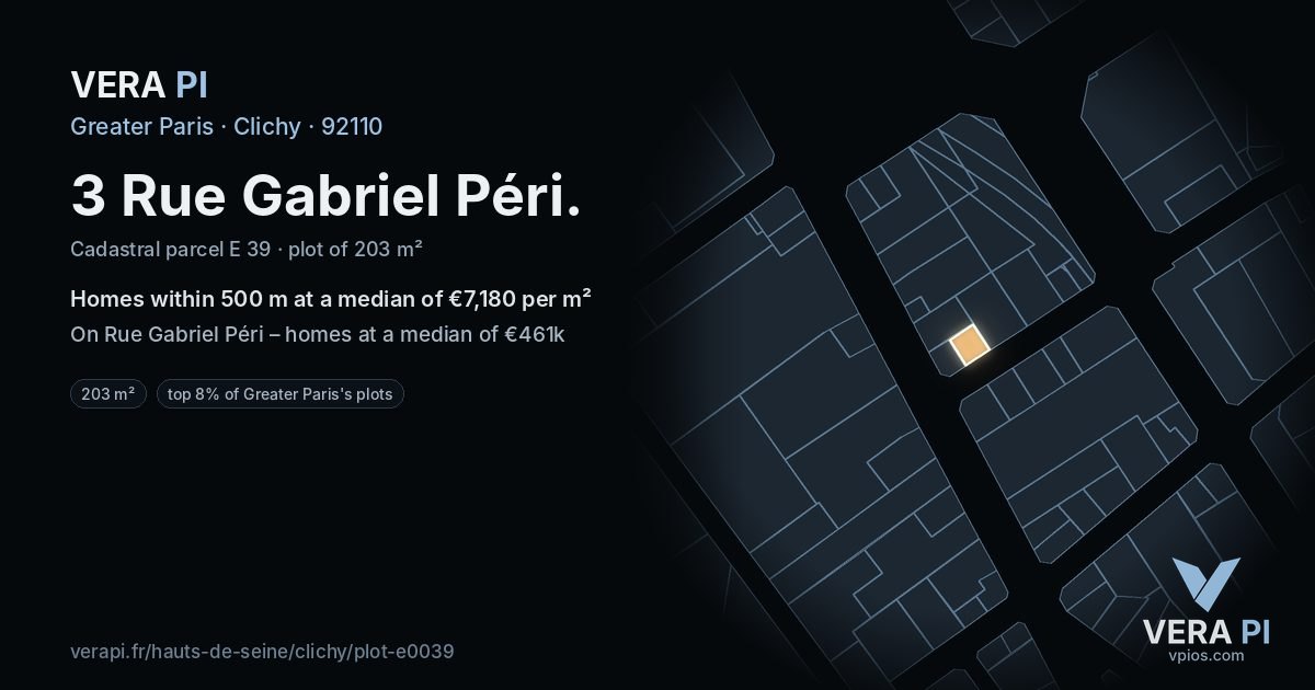 3 Rue Gabriel Péri, Clichy at night – the plot lit, the parcels around coloured by the prices near them