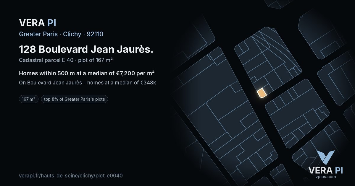 128 Boulevard Jean Jaurès, Clichy at night – the plot lit, the parcels around coloured by the prices near them
