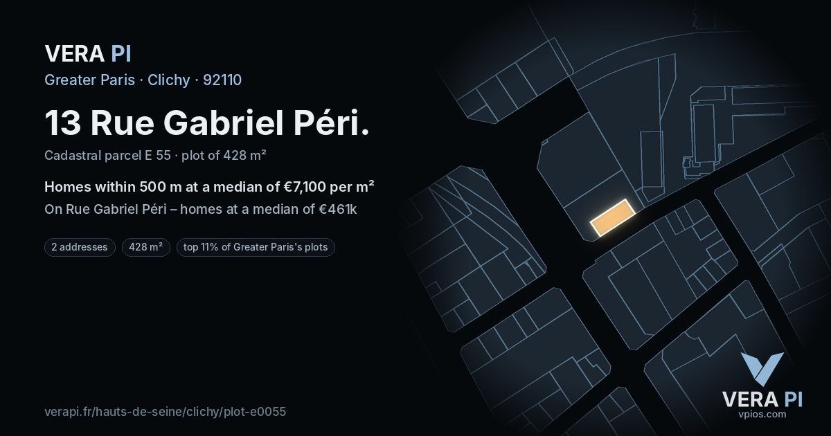 13 Rue Gabriel Péri, Clichy at night – the plot lit, the parcels around coloured by the prices near them