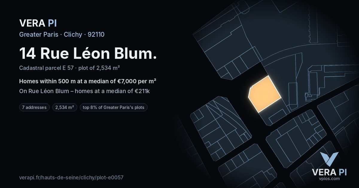 14 Rue Léon Blum, Clichy at night – the plot lit, the parcels around coloured by the prices near them