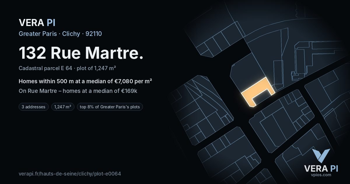 132 Rue Martre, Clichy at night – the plot lit, the parcels around coloured by the prices near them
