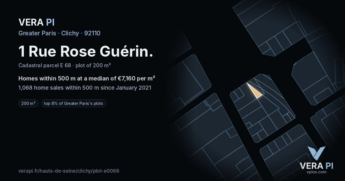 1 Rue Rose Guérin, Clichy at night – the plot lit, the parcels around coloured by the prices near them