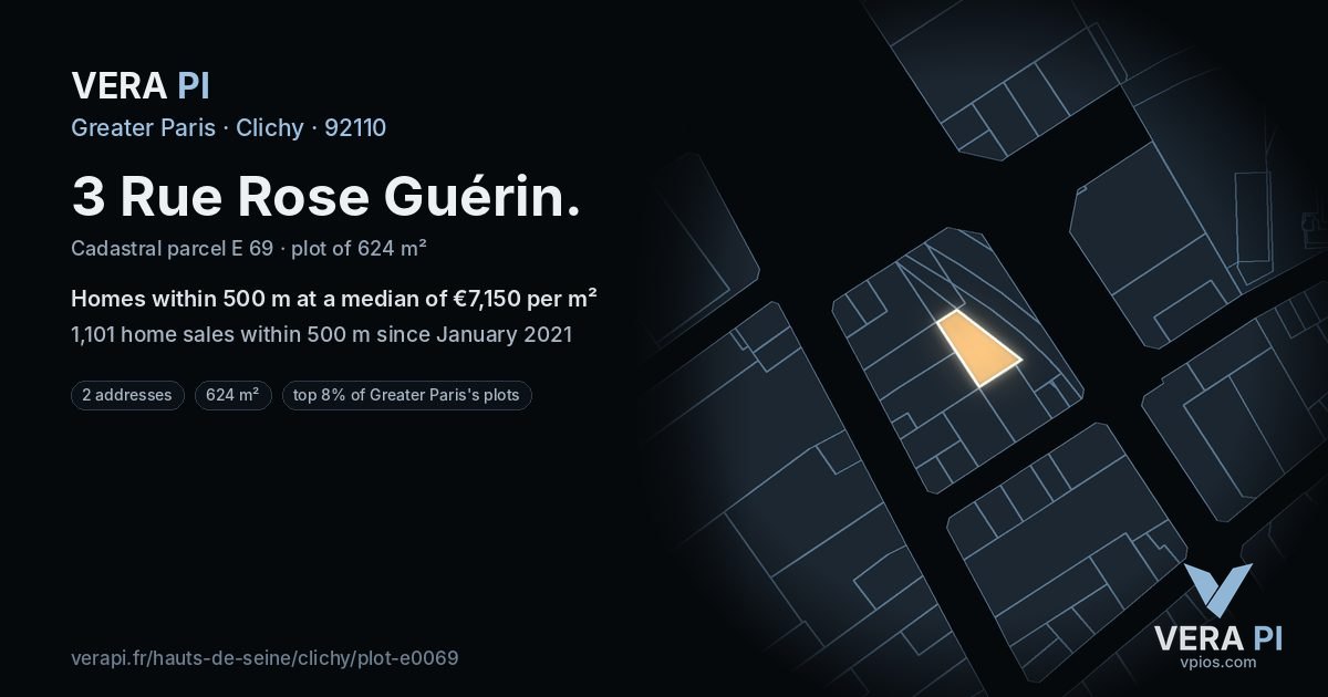 3 Rue Rose Guérin, Clichy at night – the plot lit, the parcels around coloured by the prices near them