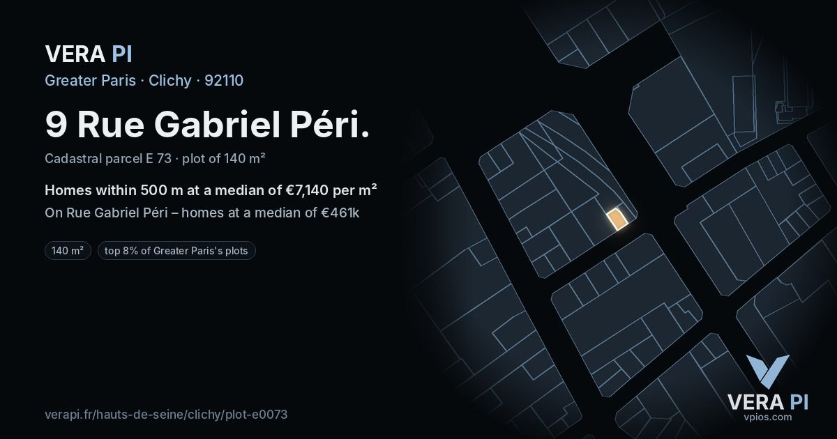 9 Rue Gabriel Péri, Clichy at night – the plot lit, the parcels around coloured by the prices near them