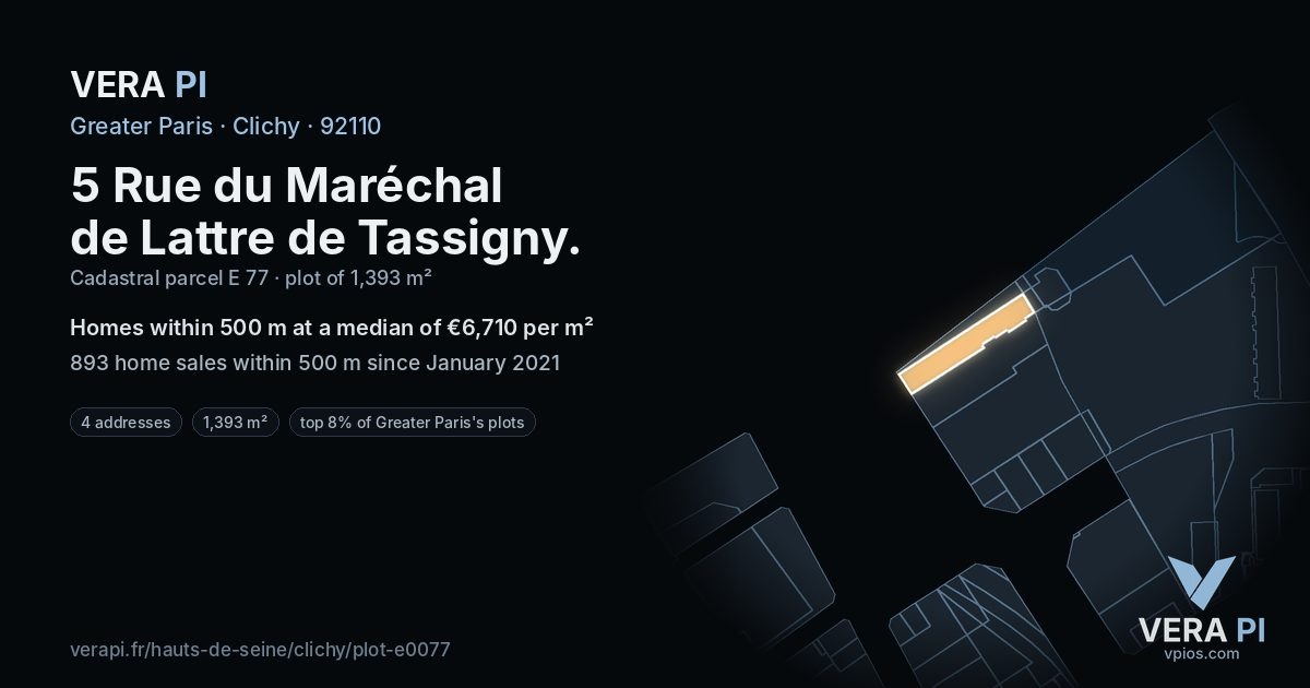 5 Rue du Maréchal de Lattre de Tassigny, Clichy at night – the plot lit, the parcels around coloured by the prices near them