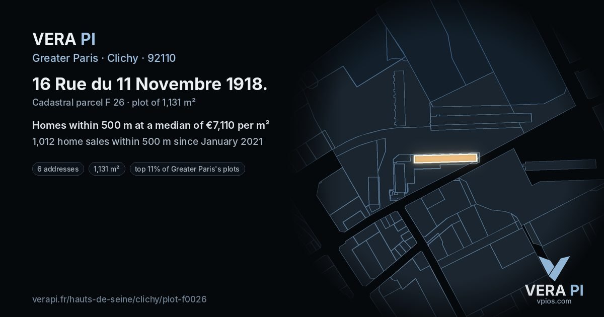 16 Rue du 11 Novembre 1918, Clichy at night – the plot lit, the parcels around coloured by the prices near them