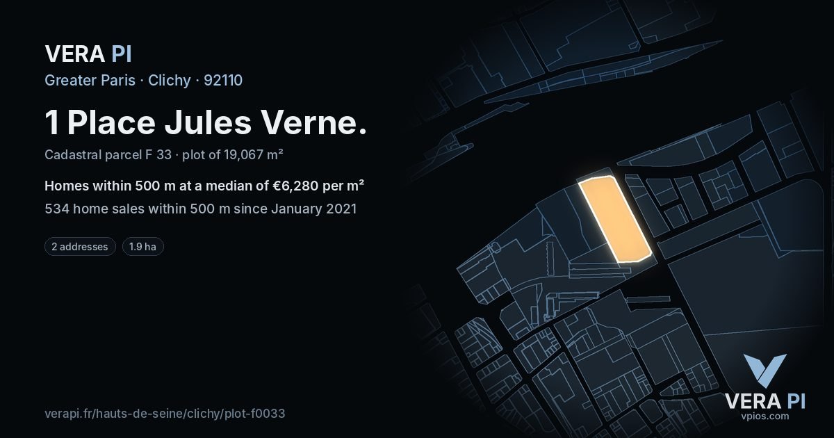 1 Place Jules Verne, Clichy at night – the plot lit, the parcels around coloured by the prices near them