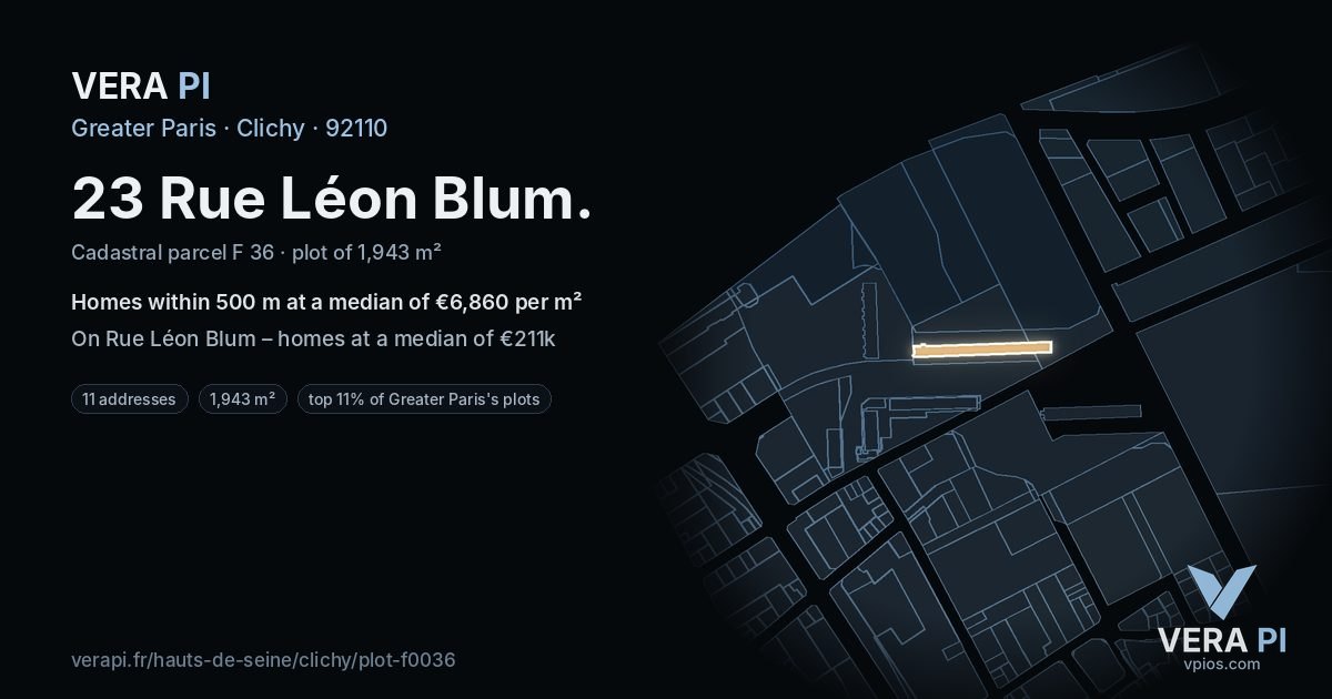 23 Rue Léon Blum, Clichy at night – the plot lit, the parcels around coloured by the prices near them