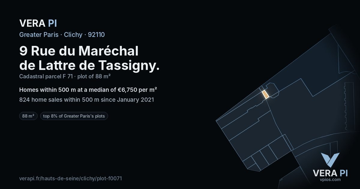 9 Rue du Maréchal de Lattre de Tassigny, Clichy at night – the plot lit, the parcels around coloured by the prices near them