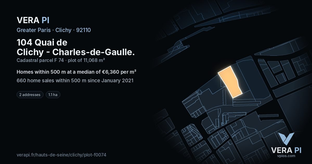 104 Quai de Clichy - Charles-de-Gaulle, Clichy at night – the plot lit, the parcels around coloured by the prices near them