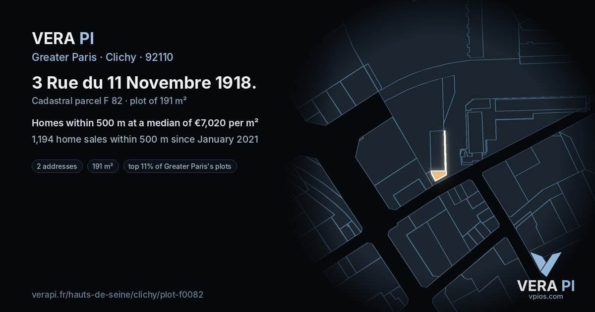 3 Rue du 11 Novembre 1918, Clichy at night – the plot lit, the parcels around coloured by the prices near them