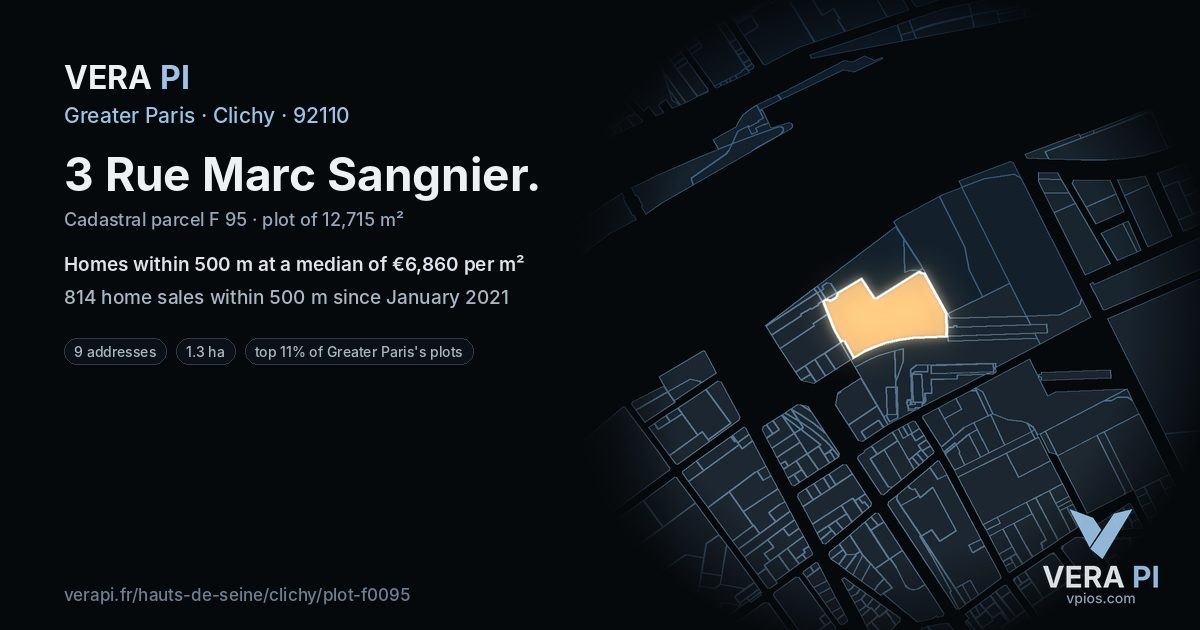 3 Rue Marc Sangnier, Clichy at night – the plot lit, the parcels around coloured by the prices near them