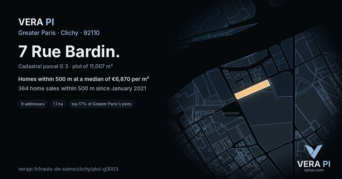 7 Rue Bardin, Clichy at night – the plot lit, the parcels around coloured by the prices near them