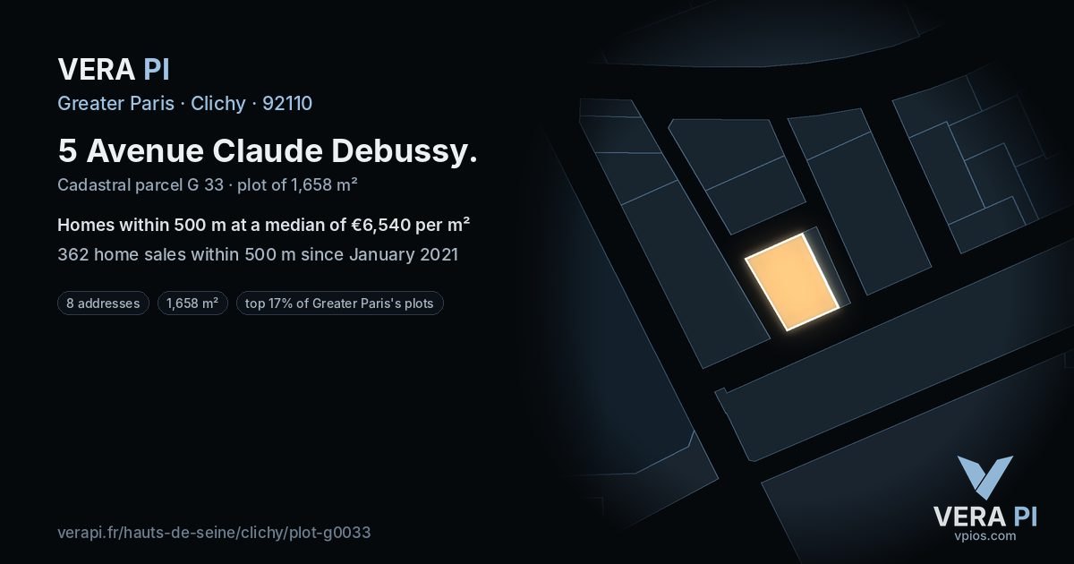 5 Avenue Claude Debussy, Clichy at night – the plot lit, the parcels around coloured by the prices near them