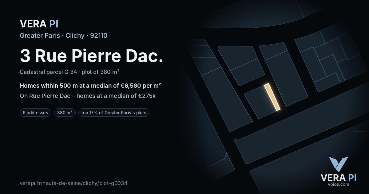 3 Rue Pierre Dac, Clichy at night – the plot lit, the parcels around coloured by the prices near them