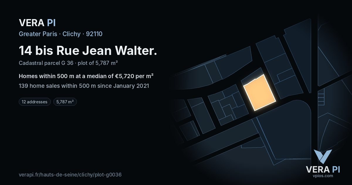 14 bis Rue Jean Walter, Clichy at night – the plot lit, the parcels around coloured by the prices near them