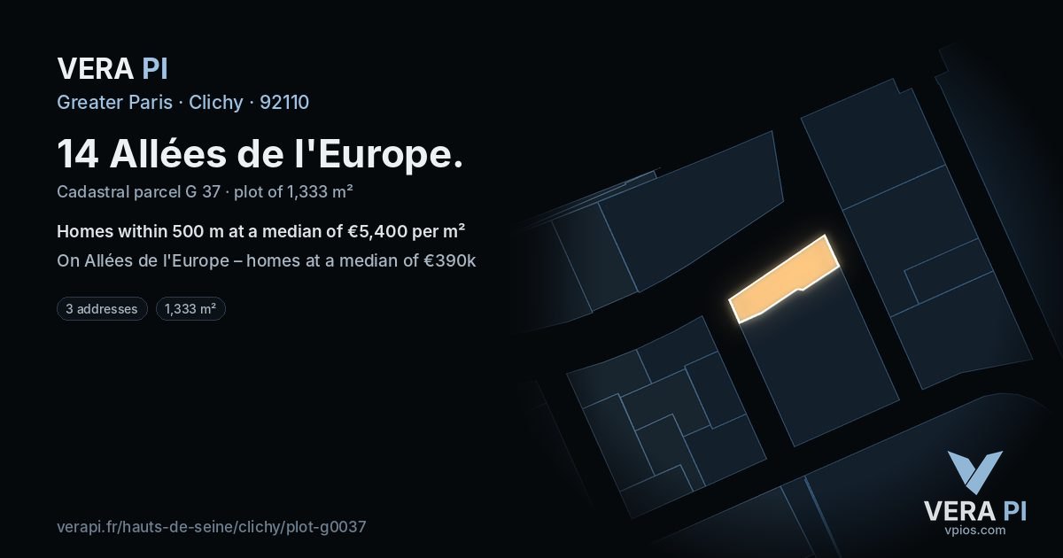 14 Allées de l'Europe, Clichy at night – the plot lit, the parcels around coloured by the prices near them
