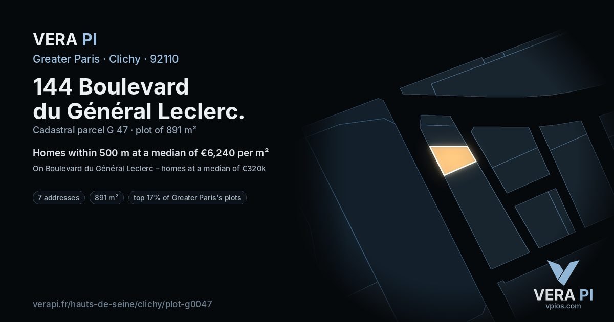 144 Boulevard du Général Leclerc, Clichy at night – the plot lit, the parcels around coloured by the prices near them