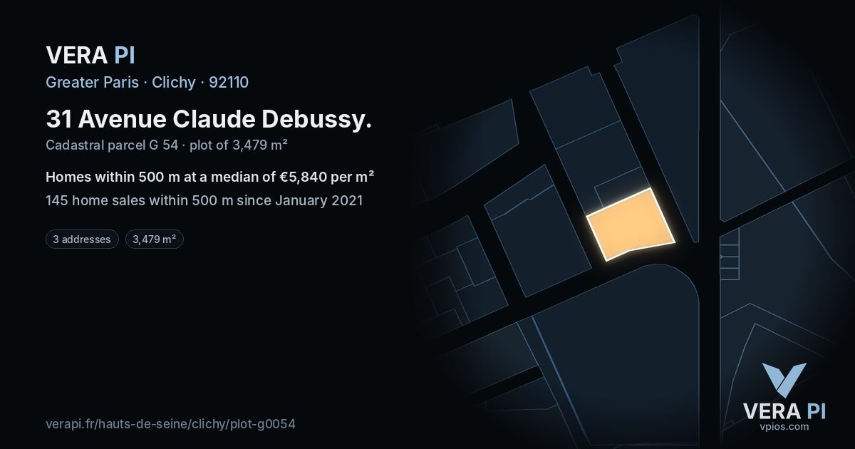 31 Avenue Claude Debussy, Clichy at night – the plot lit, the parcels around coloured by the prices near them
