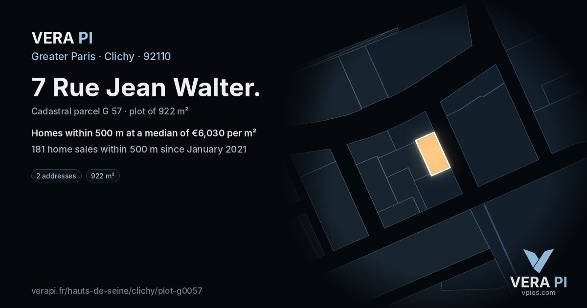 7 Rue Jean Walter, Clichy at night – the plot lit, the parcels around coloured by the prices near them