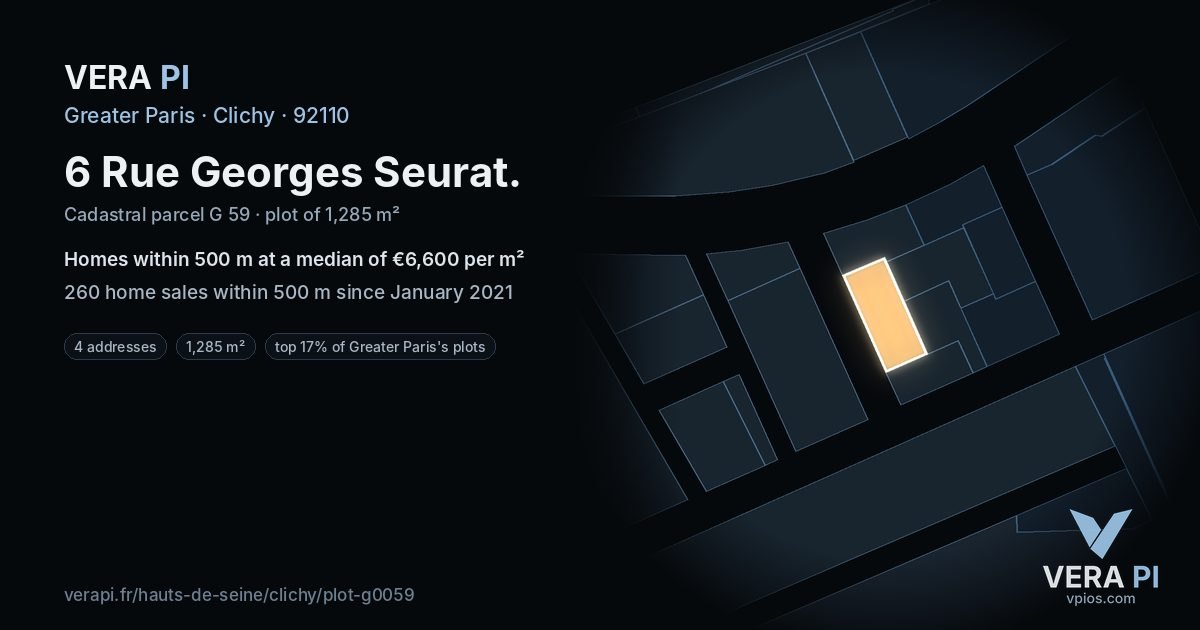 6 Rue Georges Seurat, Clichy at night – the plot lit, the parcels around coloured by the prices near them