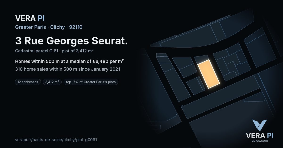 3 Rue Georges Seurat, Clichy at night – the plot lit, the parcels around coloured by the prices near them