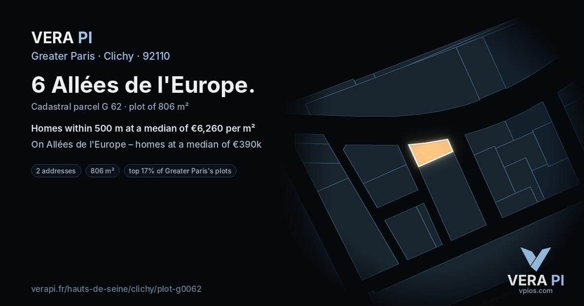 6 Allées de l'Europe, Clichy at night – the plot lit, the parcels around coloured by the prices near them