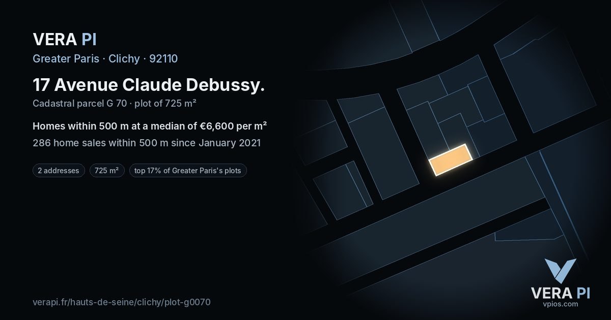 17 Avenue Claude Debussy, Clichy at night – the plot lit, the parcels around coloured by the prices near them