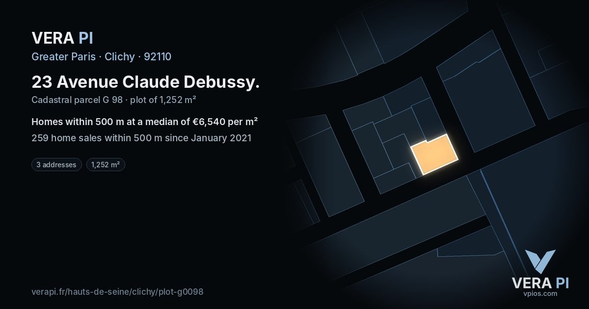 23 Avenue Claude Debussy, Clichy at night – the plot lit, the parcels around coloured by the prices near them
