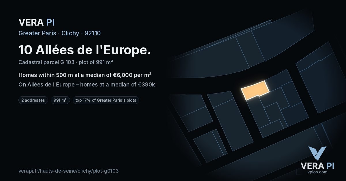 10 Allées de l'Europe, Clichy at night – the plot lit, the parcels around coloured by the prices near them
