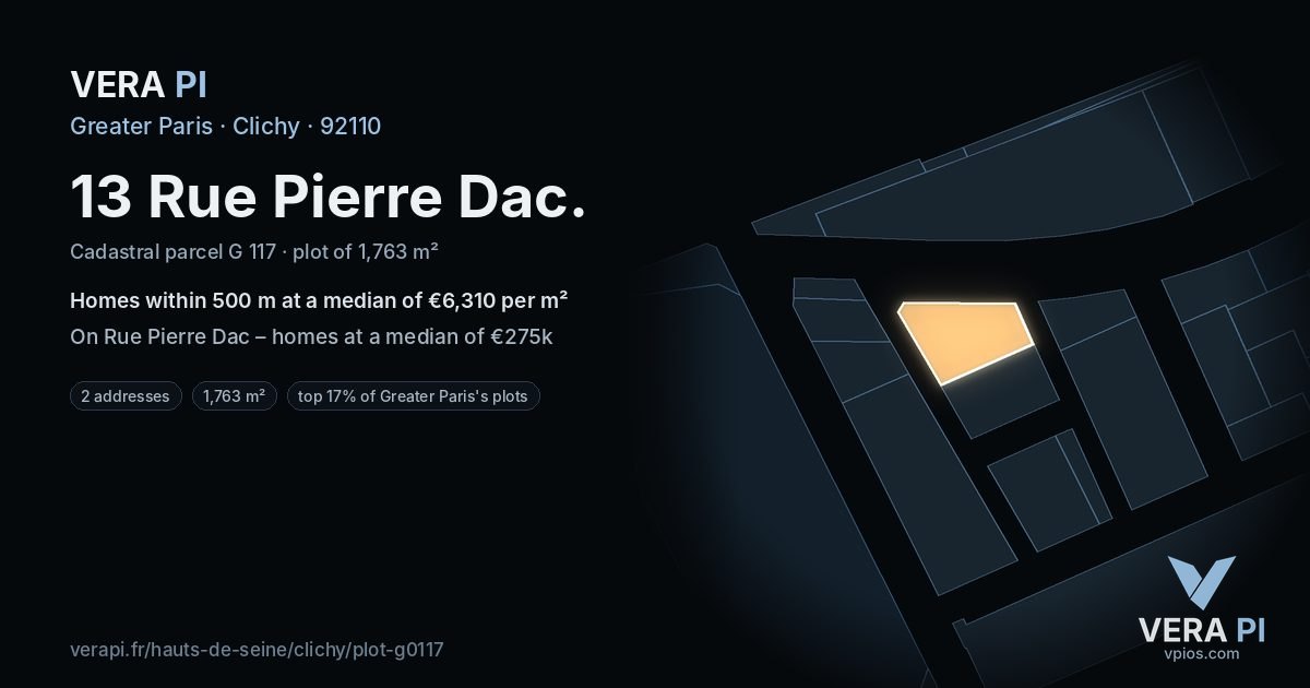 13 Rue Pierre Dac, Clichy at night – the plot lit, the parcels around coloured by the prices near them