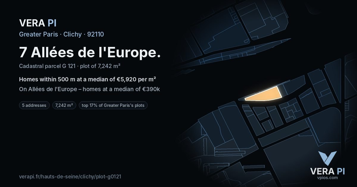 7 Allées de l'Europe, Clichy at night – the plot lit, the parcels around coloured by the prices near them