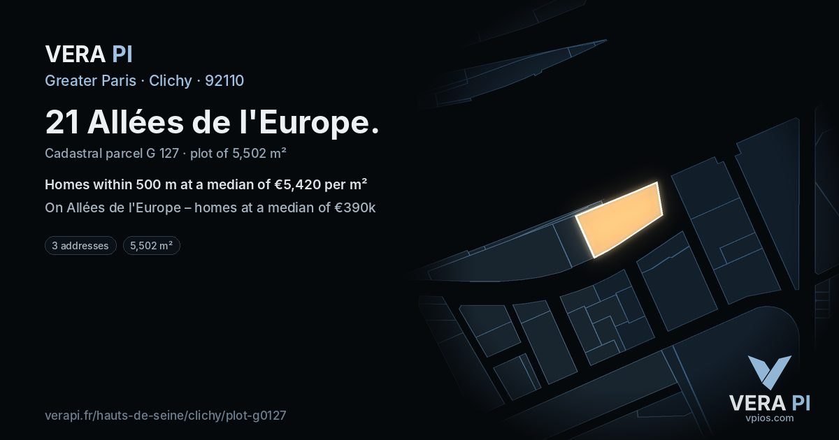 21 Allées de l'Europe, Clichy at night – the plot lit, the parcels around coloured by the prices near them