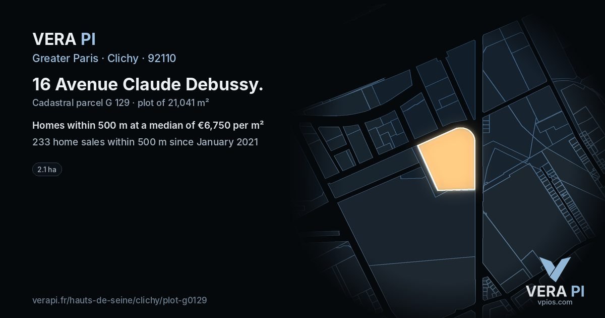16 Avenue Claude Debussy, Clichy at night – the plot lit, the parcels around coloured by the prices near them