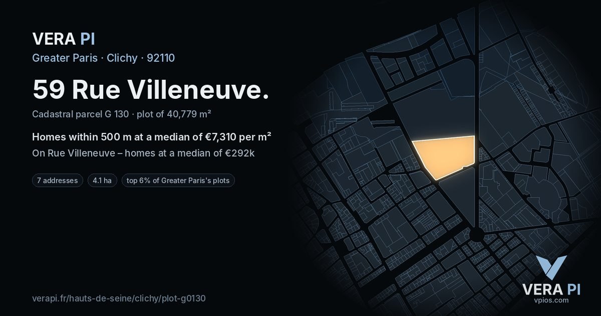 59 Rue Villeneuve, Clichy at night – the plot lit, the parcels around coloured by the prices near them