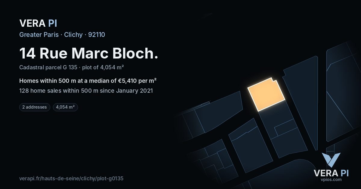 14 Rue Marc Bloch, Clichy at night – the plot lit, the parcels around coloured by the prices near them