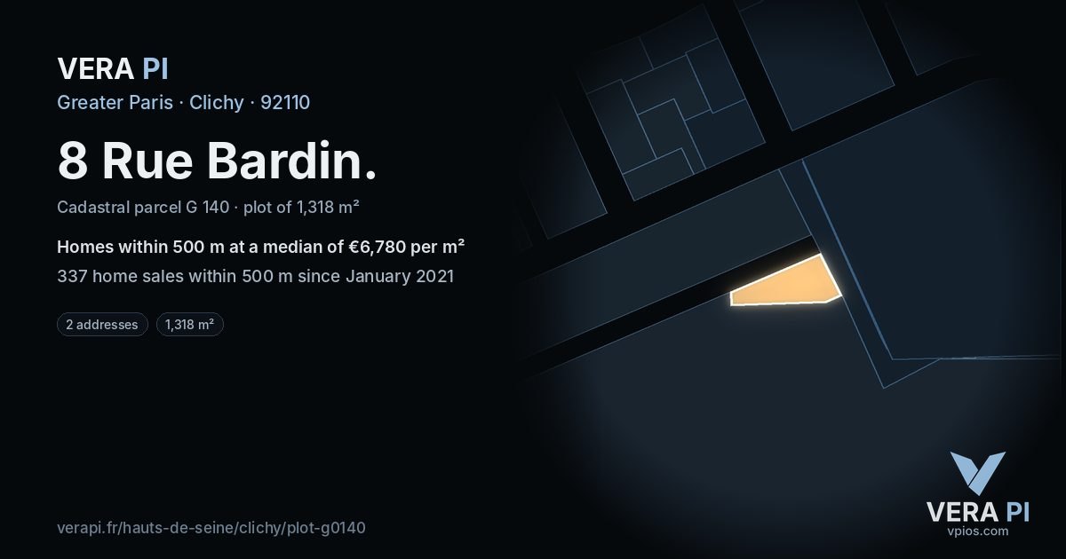 8 Rue Bardin, Clichy at night – the plot lit, the parcels around coloured by the prices near them