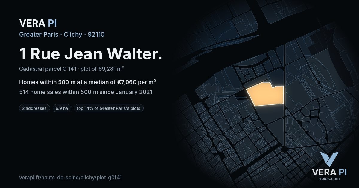 1 Rue Jean Walter, Clichy at night – the plot lit, the parcels around coloured by the prices near them