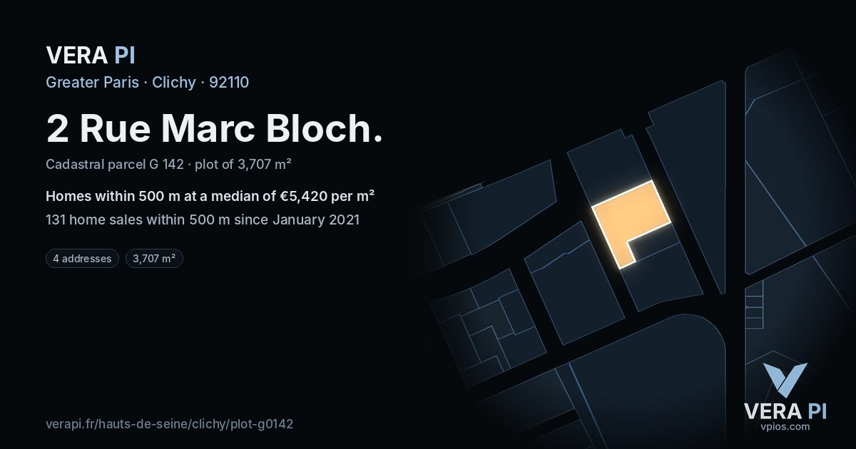 2 Rue Marc Bloch, Clichy at night – the plot lit, the parcels around coloured by the prices near them