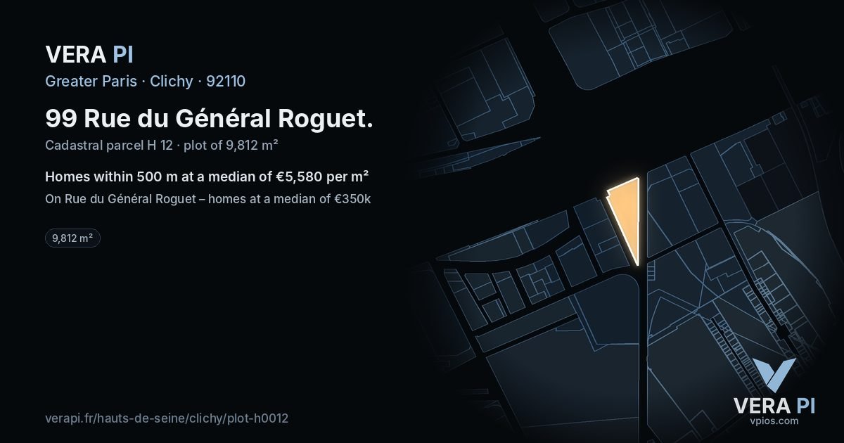 99 Rue du Général Roguet, Clichy at night – the plot lit, the parcels around coloured by the prices near them