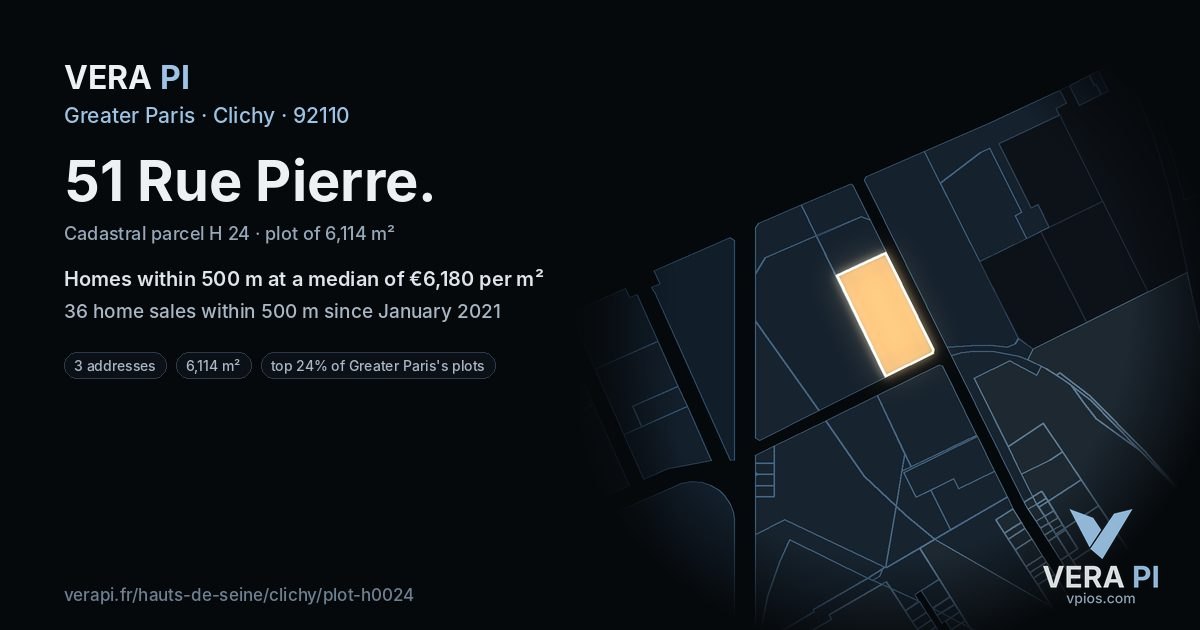 51 Rue Pierre, Clichy at night – the plot lit, the parcels around coloured by the prices near them