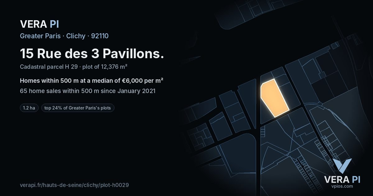 15 Rue des 3 Pavillons, Clichy at night – the plot lit, the parcels around coloured by the prices near them