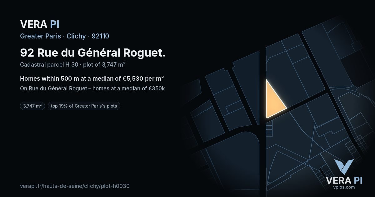 92 Rue du Général Roguet, Clichy at night – the plot lit, the parcels around coloured by the prices near them