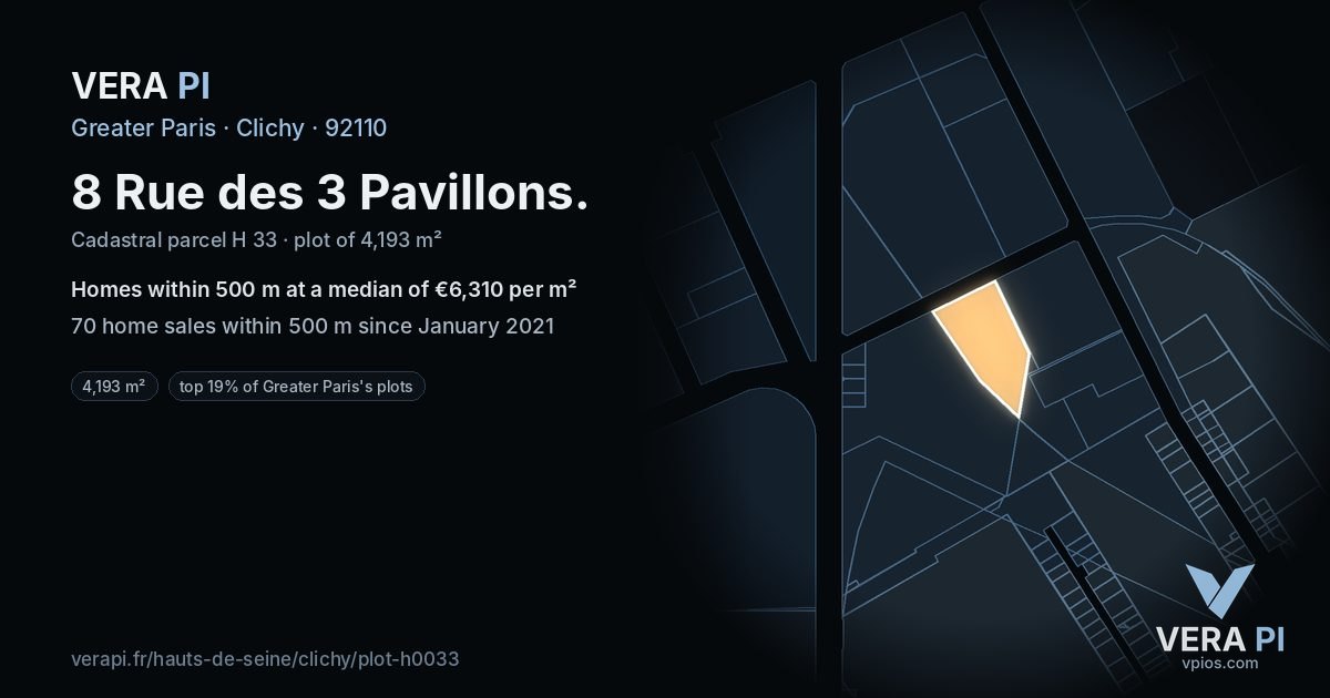 8 Rue des 3 Pavillons, Clichy at night – the plot lit, the parcels around coloured by the prices near them