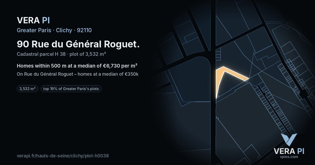 90 Rue du Général Roguet, Clichy at night – the plot lit, the parcels around coloured by the prices near them