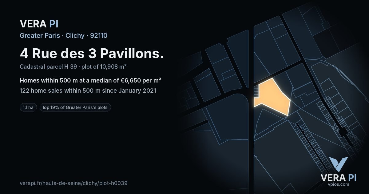 4 Rue des 3 Pavillons, Clichy at night – the plot lit, the parcels around coloured by the prices near them